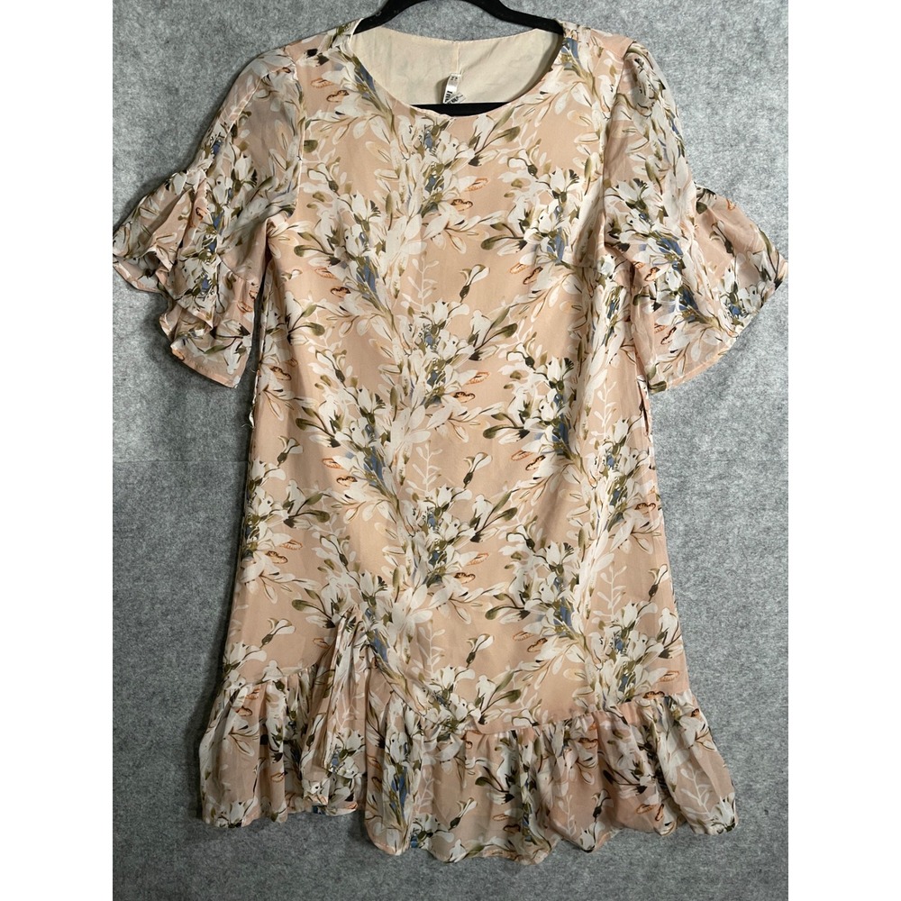 Indikah Peach Floral Ruffle Flutter Sleeve Mini Dress Womens XS Boho Chiffon